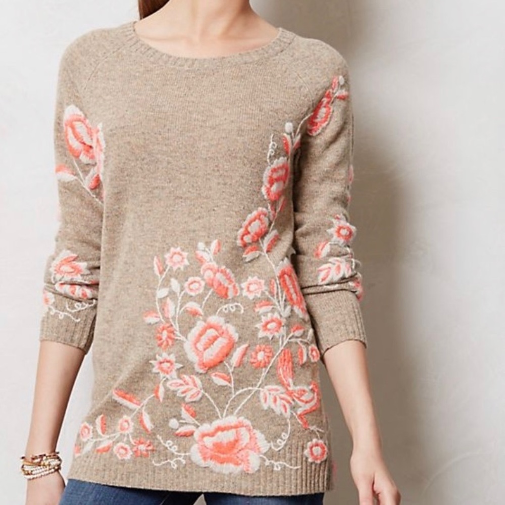 Anthro Sleeping On Snow Neon Coral Floral Sweater